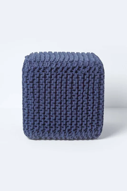 Navy Blue Cube Cotton Knitted Pouffe Footstool - Homescapes