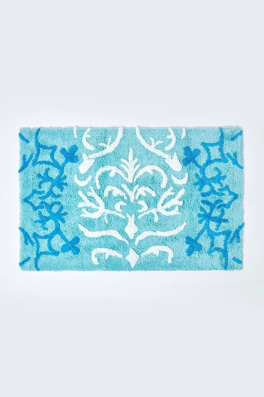 Homescapes Blue Damask Cotton Bath Mat - Blue - Blue