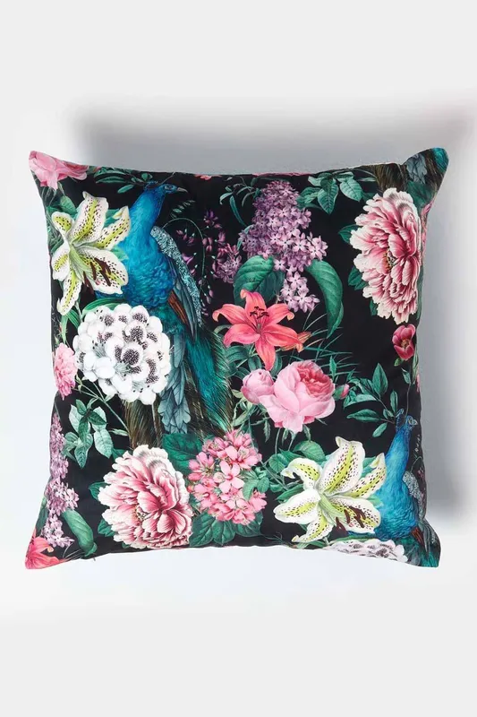 Homescapes Floral Peacock Black & Teal Filled Velvet Cushion 46 x 46 cm Black 46 x 46 cm