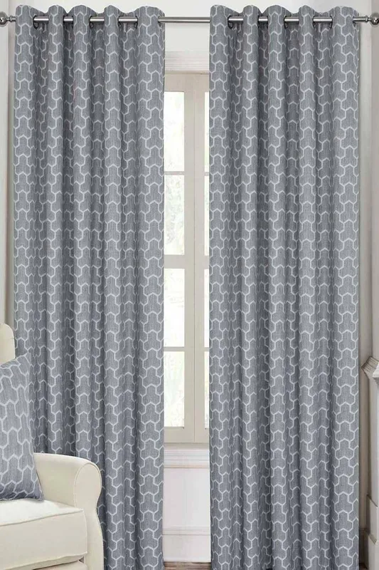Homescapes Grey Geometric Jacquard Blackout Eyelet Curtain Pair, 90 x 72"