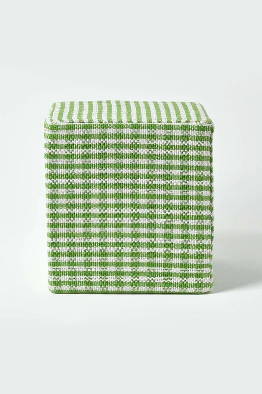 Homescapes Unisex Gingham Check Cotton Cube Pouffe in Green Green One Size female