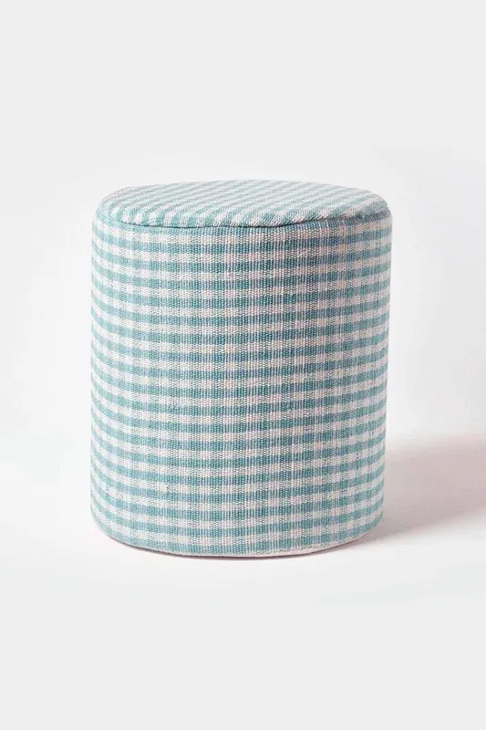 Homescapes Gingham Check Round Pouffe Cotton in Blue Blue