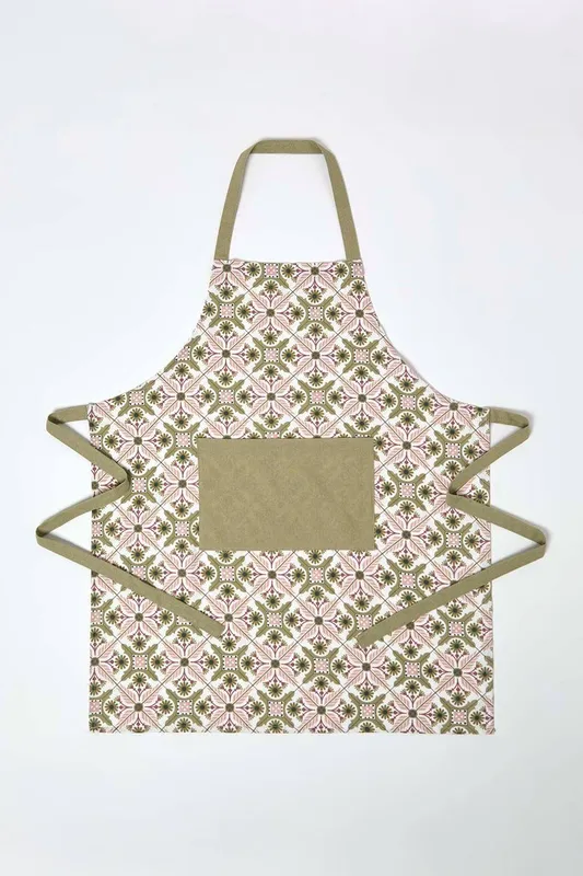 Homescapes Green & Pink Retro 100% Cotton Apron Green