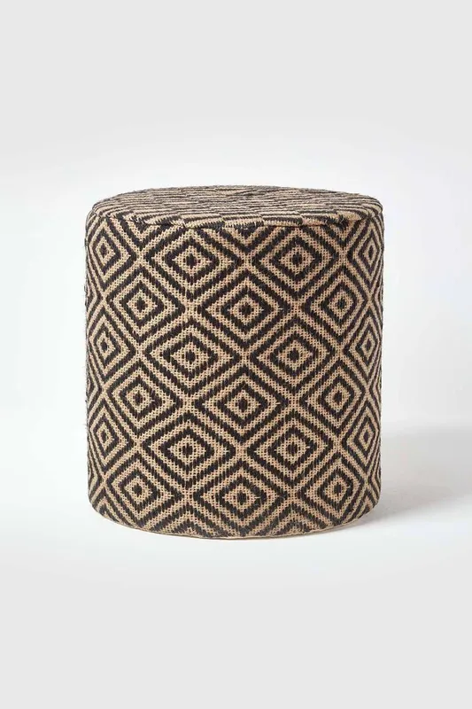 Homescapes Unisex Jute Round Pouffe Herringbone Pattern in Black Black One Size female