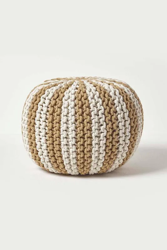Homescapes Knitted Pouffe Striped Footstool 40 x 50 cm in Natural - Natural