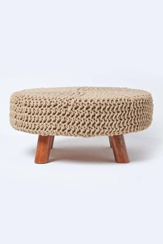 Homescapes Unisex Large Round Cotton Knitted Footstool on Legs in Beige Beige One Size female