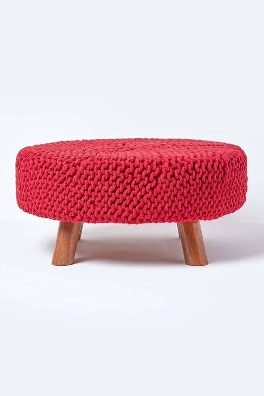 Homescapes Unisex Large Round Cotton Knitted Footstool on Legs in Red Red One Size female