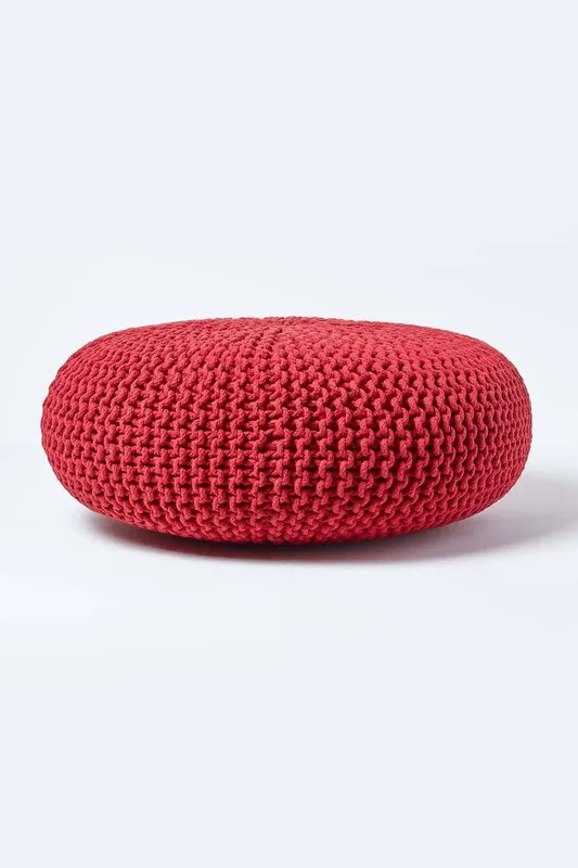 Homescapes Unisex Large Round Cotton Knitted Pouffe Footstool in Red Red One Size female