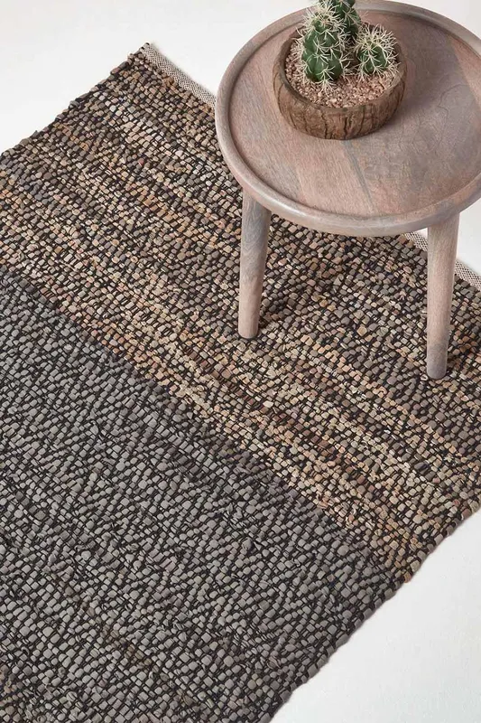 Homescapes Unisex Leather Handwoven Herringbone Rug in Grey Size: 90cm x 150cm Grey 90cm x 150cm female