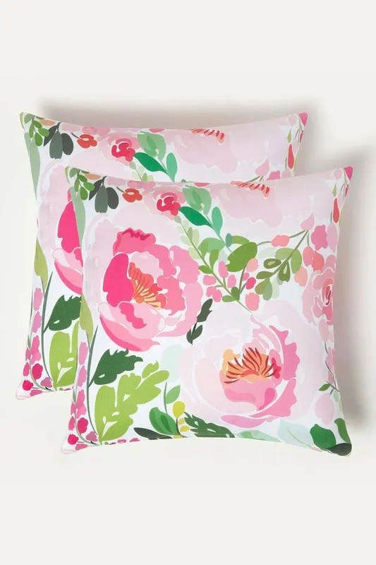 Homescapes Unisex Luxury Waterproof Pink Peony Outdoor Cushion 45 x 45 cm, Set of 2 Size: 45cm x 45cm Pink 45cm x 45cm female