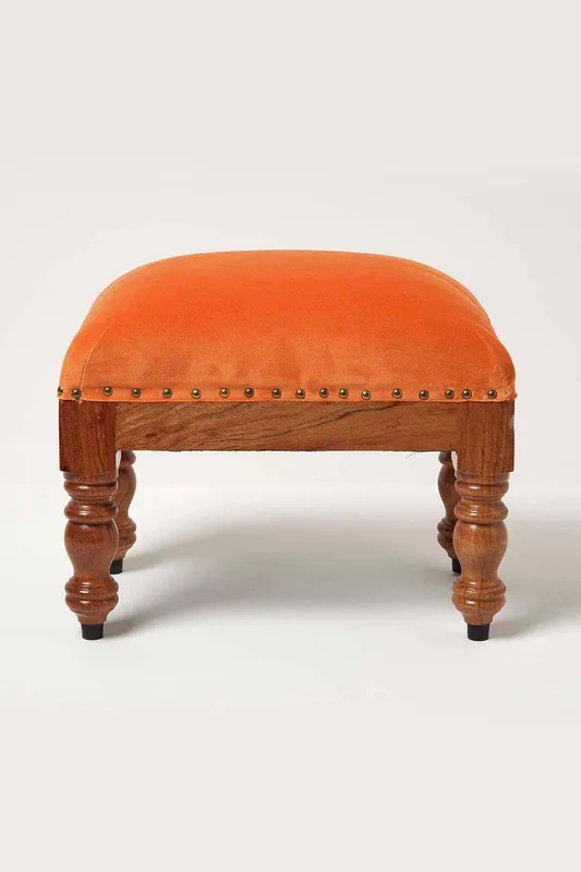 Homescapes Mable Velvet Rectangular Footstool in Orange - Orange - Size: One Size