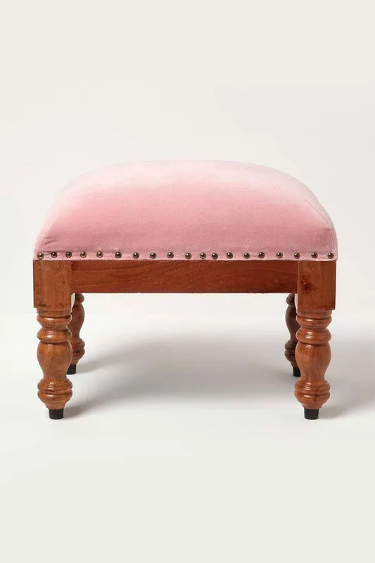 Homescapes Mable Velvet Rectangular Footstool in Pink Pink