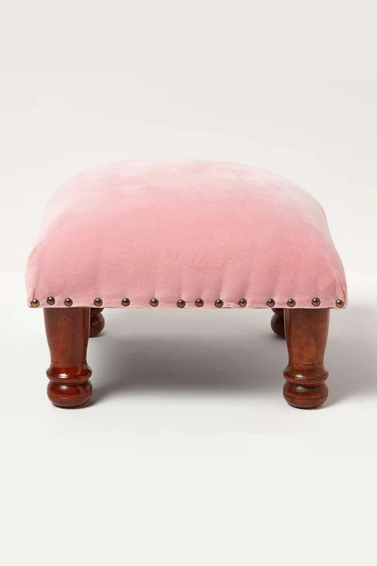 Homescapes Mable Velvet Square Footstool in Pink Pink