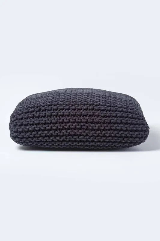 Homescapes Square Cotton Knitted Pouffe Floor Cushion in Black - Black