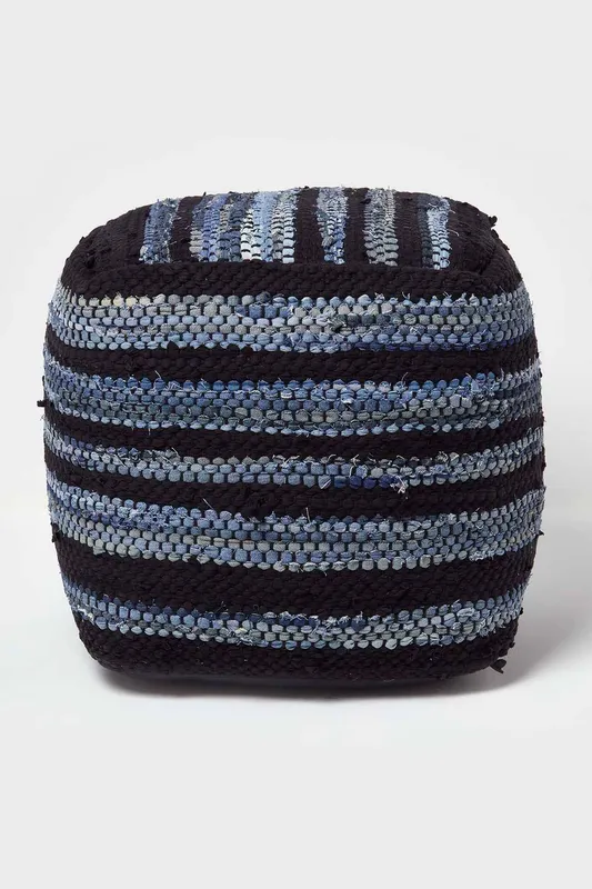 Homescapes Texas Leather, Denim Woven Striped Bean Filled Pouffe, 40 cm in Blue - Blue