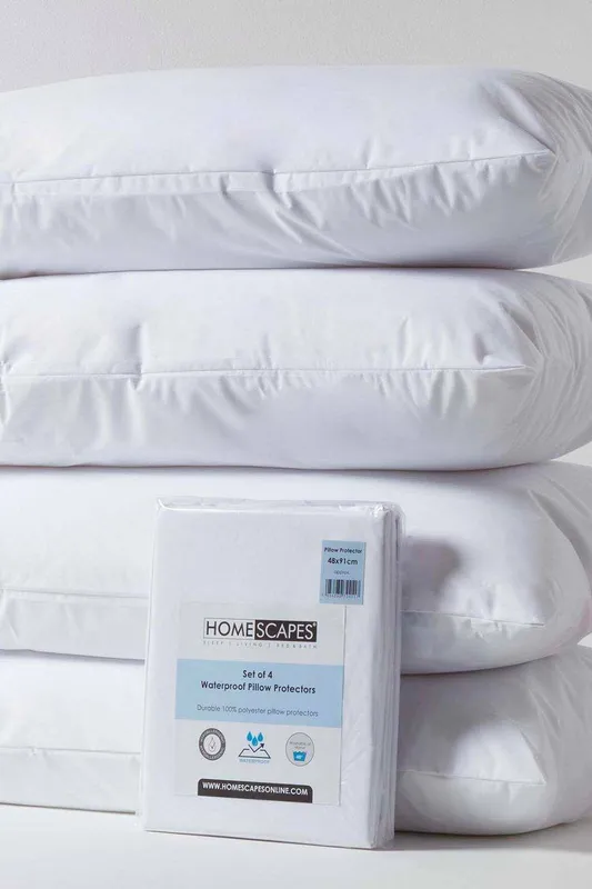 Homescapes Waterproof Pillow Protectors King Size, Pack of 4 in White - White