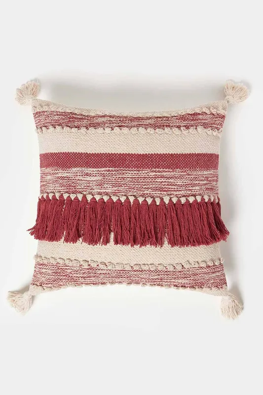 Homescapes Zadar Handwoven Fringed Red Kilim Cushion 45 x 45 cm
