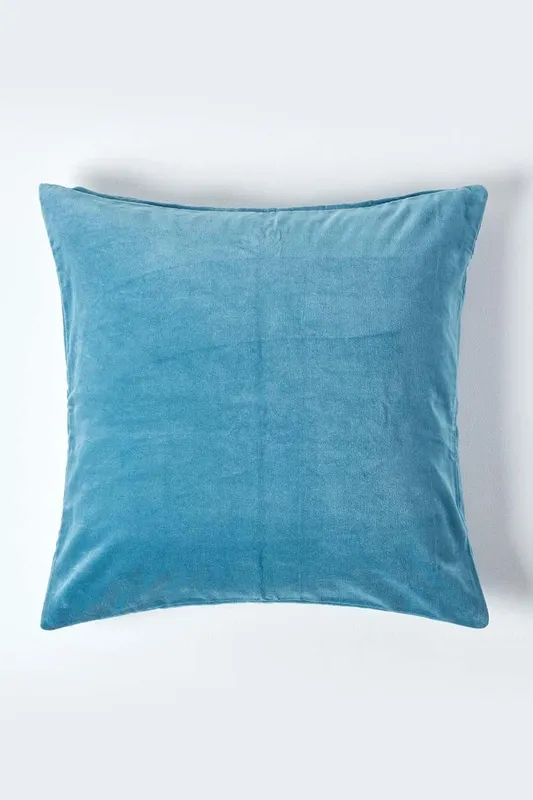 Homescapes Velvet Cushion Cover 100% Cotton, Soft & Machine Washable in Blue Size: 60cm x 60cm - Blue