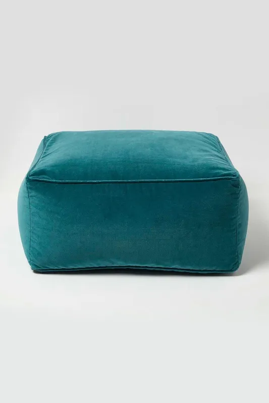 Homescapes Velvet Pouffe Bean Cube in Teal - Teal - Size: One Size