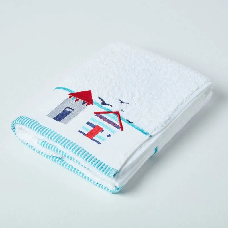 Homescapes White & Blue Beach Hut Towel Size: Bath Towel - White - Size: Bath Towel