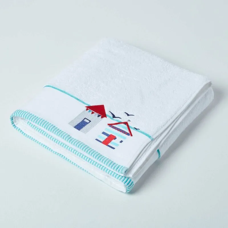 Homescapes White & Blue Beach Hut Towel Size: Bath Sheet - White