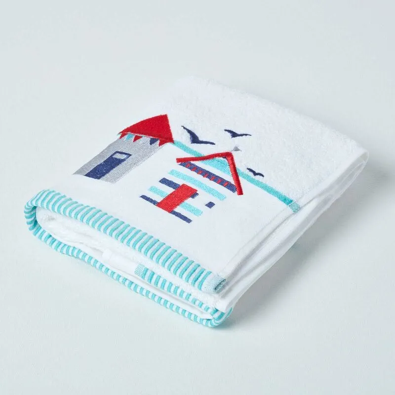 Homescapes White & Blue Beach Hut Towel Size: Hand Towel - White - Size: Hand Towel