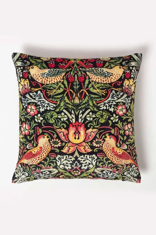 Homescapes - Black William Morris Strawberry Thief Velvet Cushion