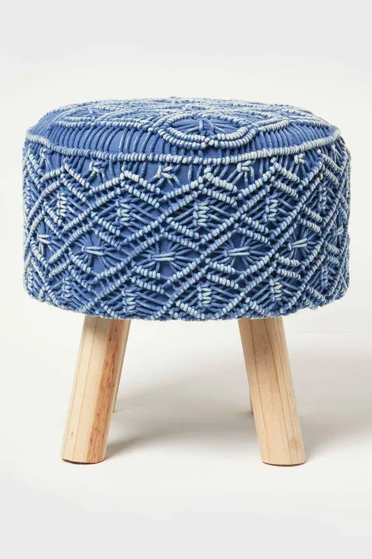 Homescapes Willow Macrame Footstool in Blue - Blue - Size: One Size