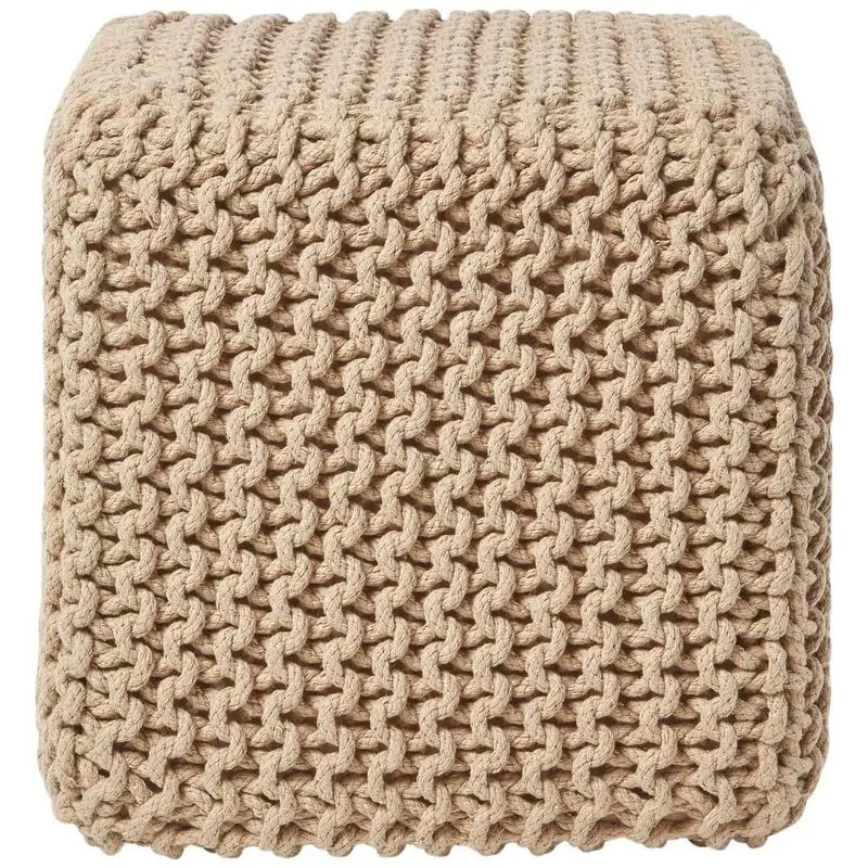 Linen Cube Cotton Knitted Pouffe Footstool - Homescapes
