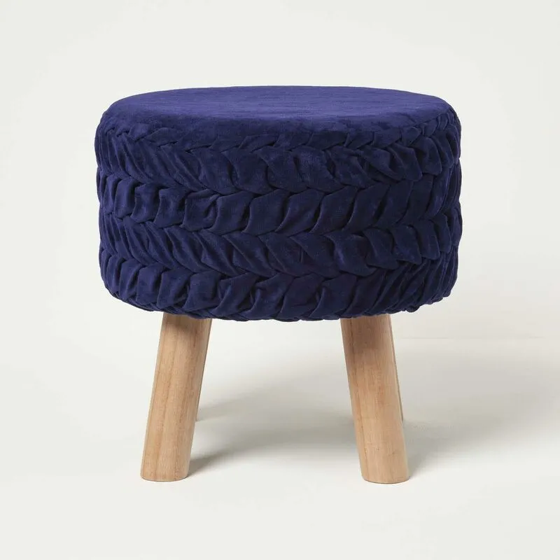 Homescapes Unisex Lyla Pleated Velvet Footstool in Blue Blue female