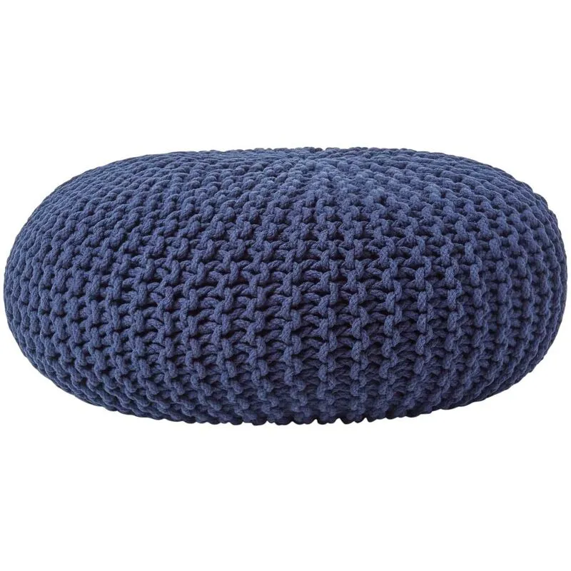 Navy Blue Large Round Cotton Knitted Pouffe Footstool - Homescapes