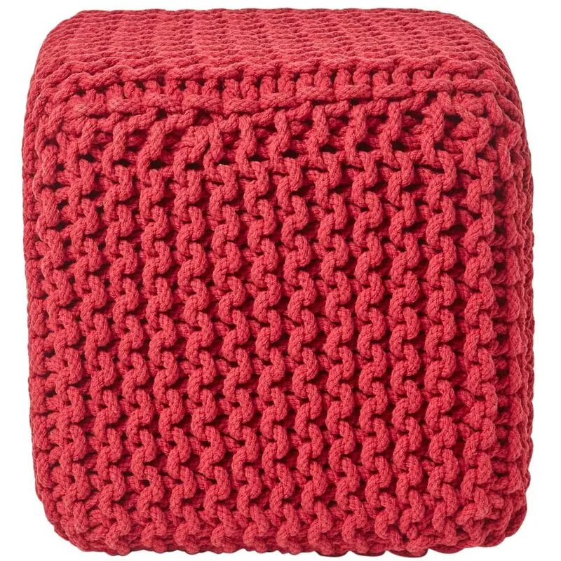 Red Cube Cotton Knitted Pouffe Footstool - Homescapes