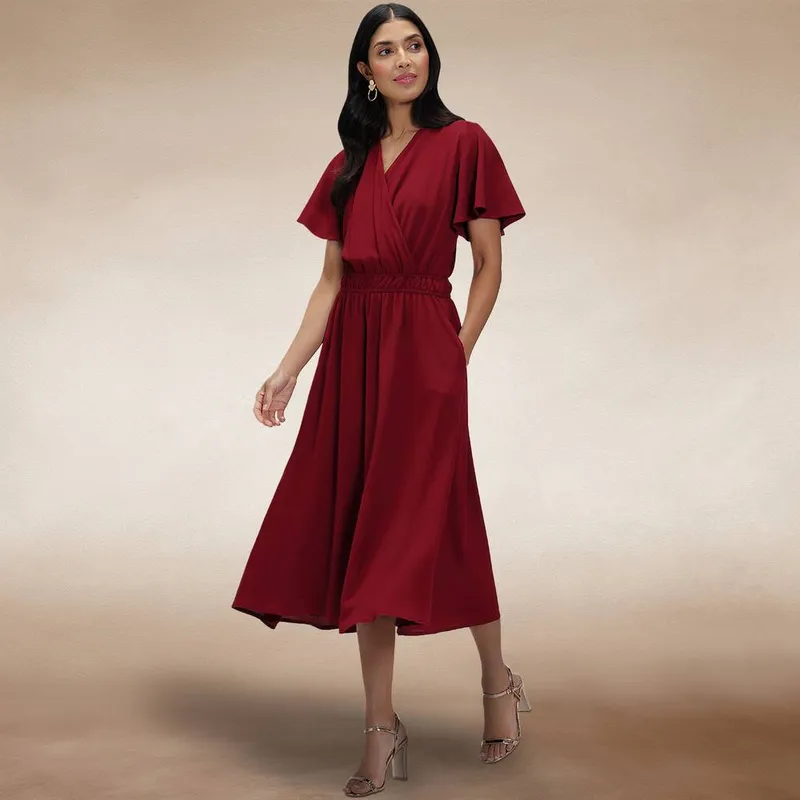 Hot Squash Women's Chiffon Midi Dress in Wine Size: 12 - Wine