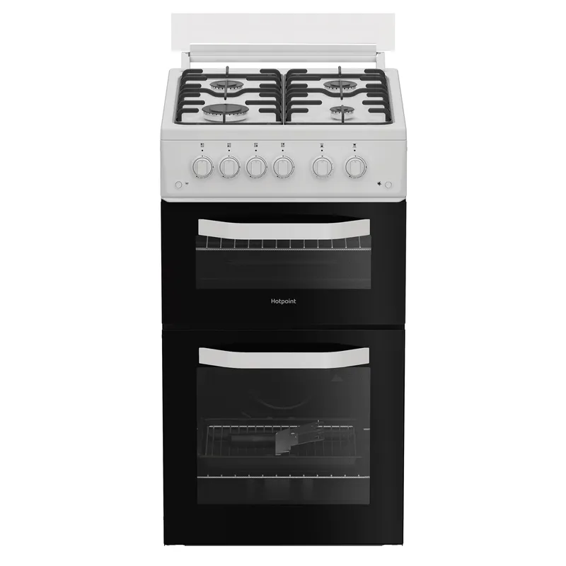 Hotpoint HTG5GCWL 50cm Twin Cavity Gas Cooker with Glass Lid in White