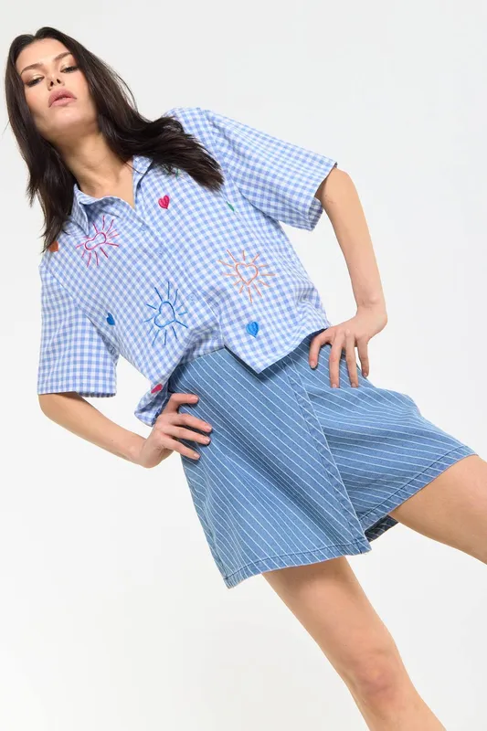 House of Holland Women's Blue Gingham Heart Embroidered Shirt Size: Small - Blue - Size: S