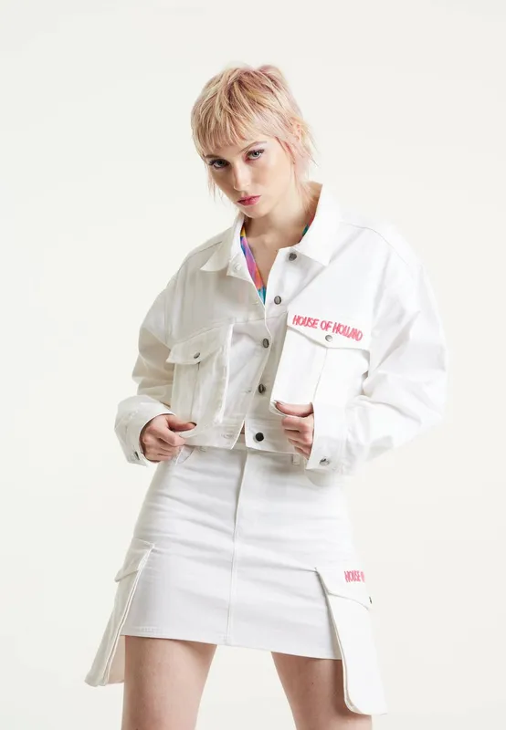 House of Holland Women's Bulldog Embroidered White Denim Jacket Size: 8 White 8