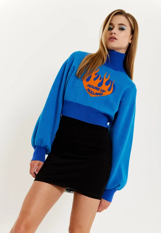 House of Holland Women's Flame Heart Logo Jumper In Blue Size: Small Blue S