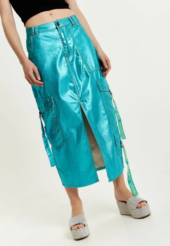 House of Holland Women's Metallic Blue Midi Skirt Size: 12 - Blue