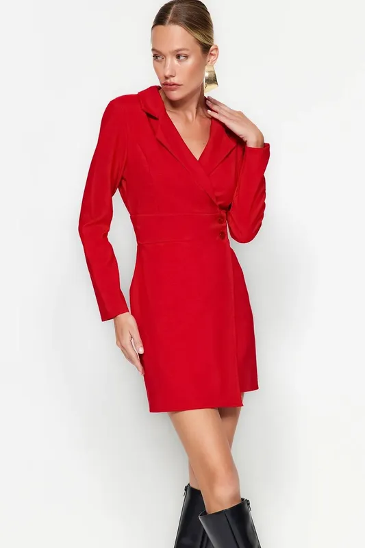 Hoxton Gal Women's Tailored Woven Mini Blazer V Neck Dress with Button Detail in Red Size: 6 - Red - Size: 6
