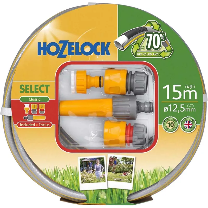 Hozelock Select Garden Hose Pipe and Fittings Set 1/2" / 12.5mm 15m Grey