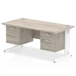 Impulse 1600x800mm Desk Grey Oak White Leg + 2 Pedestal Bundle