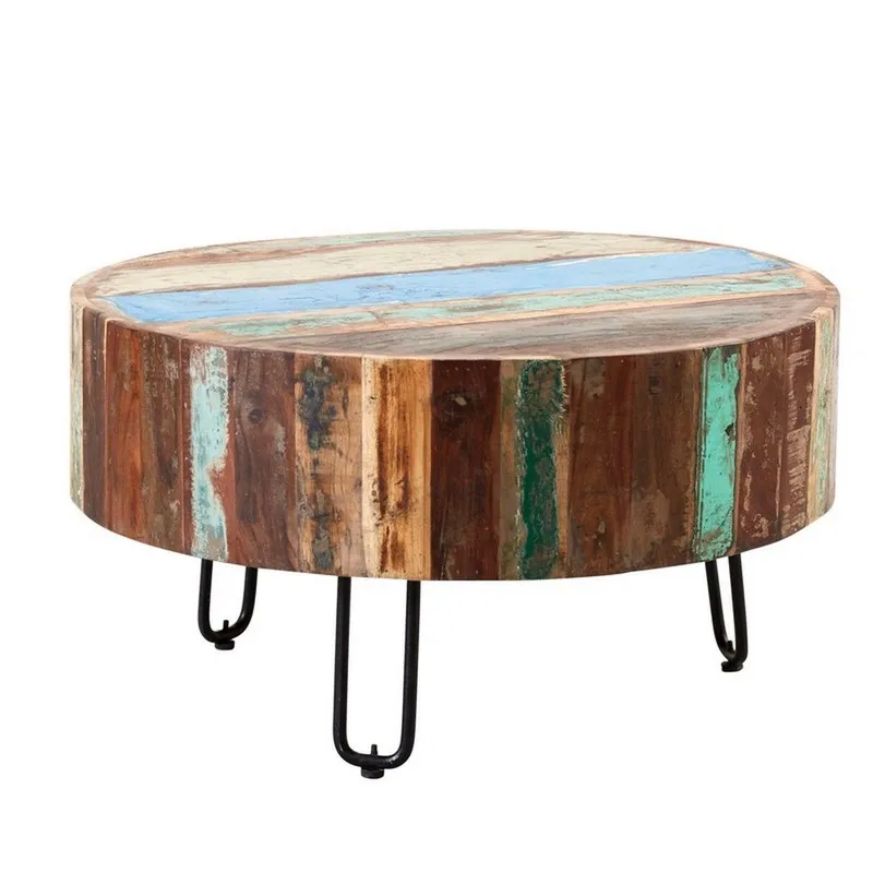 Indian Hub Coastal Drum Coffee Table - Wood - L70 x W70 x H38 cm in Brown Brown