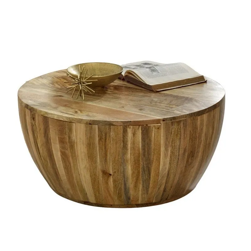 Indian Hub Surrey Drum Coffee Table - Solid Mango Wood - L80 x W80 x H35 cm in Brown Brown