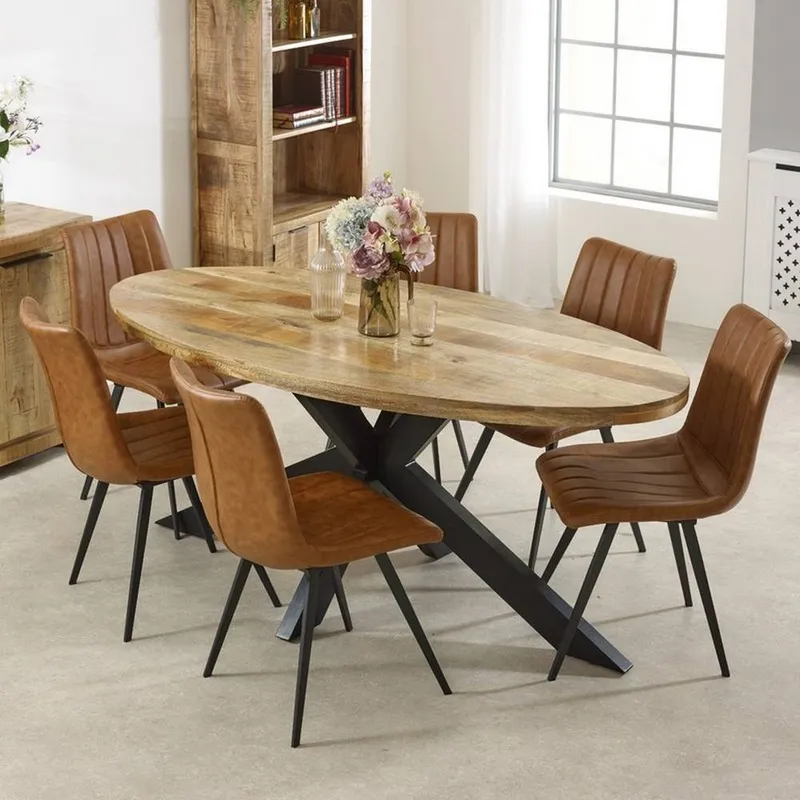 Indian Hub Surrey Oval Dining Table 6-8 Seater - Solid Mango Wood/Metal in Brown Brown