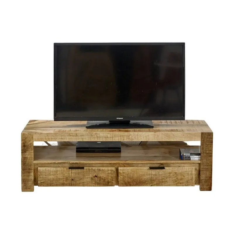 Indian Hub Surrey TV Stand with 2 Drawers - Solid Mango Wood - L40 x W130 x H40cm in Brown Brown