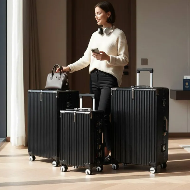 Infinity Leather Hardshell Rimowa Inspired 8 Wheel Abs Luggage Hard Shell Suitcase Set in Black Black