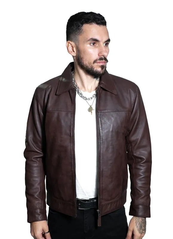Infinity Leather Men's Leather Harrington Jacket-Shanghai in Brown Size: XS Brown