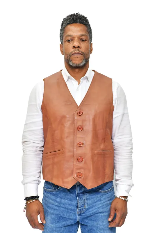 Infinity Leather Mens Classic Waistcoat-Chester - Tan - Size 5xl