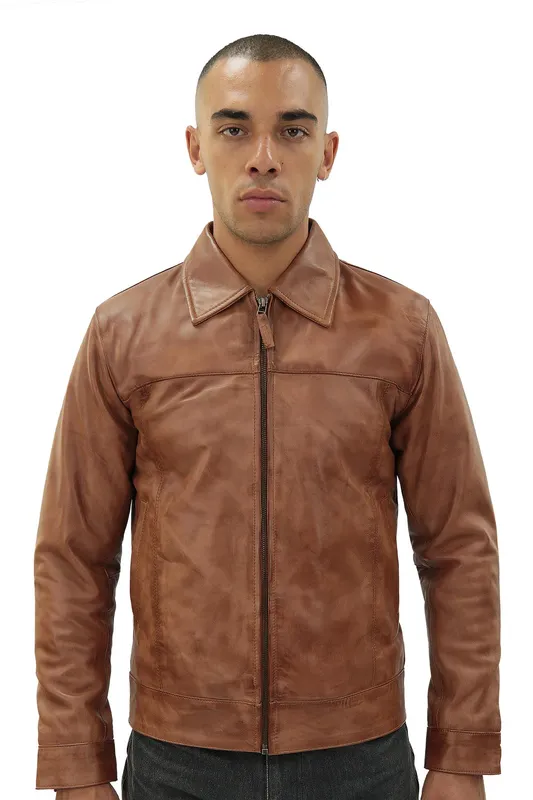 Infinity Leather Mens Harrington Jacket-Shanghai - Tan - Size Large