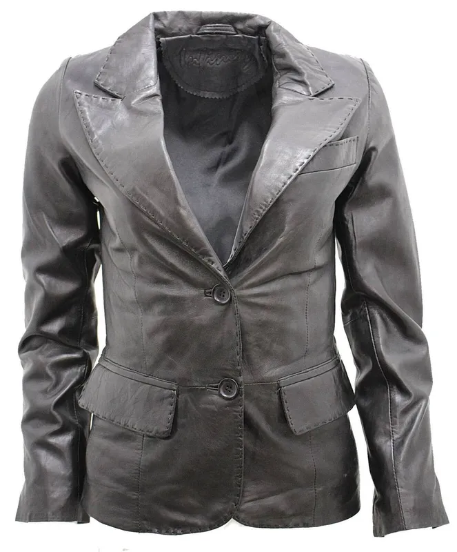 Infinity Leather Women's 2 Button Leather Blazer Jacket-Newport in Black Size: 24 - Black - Size: 24